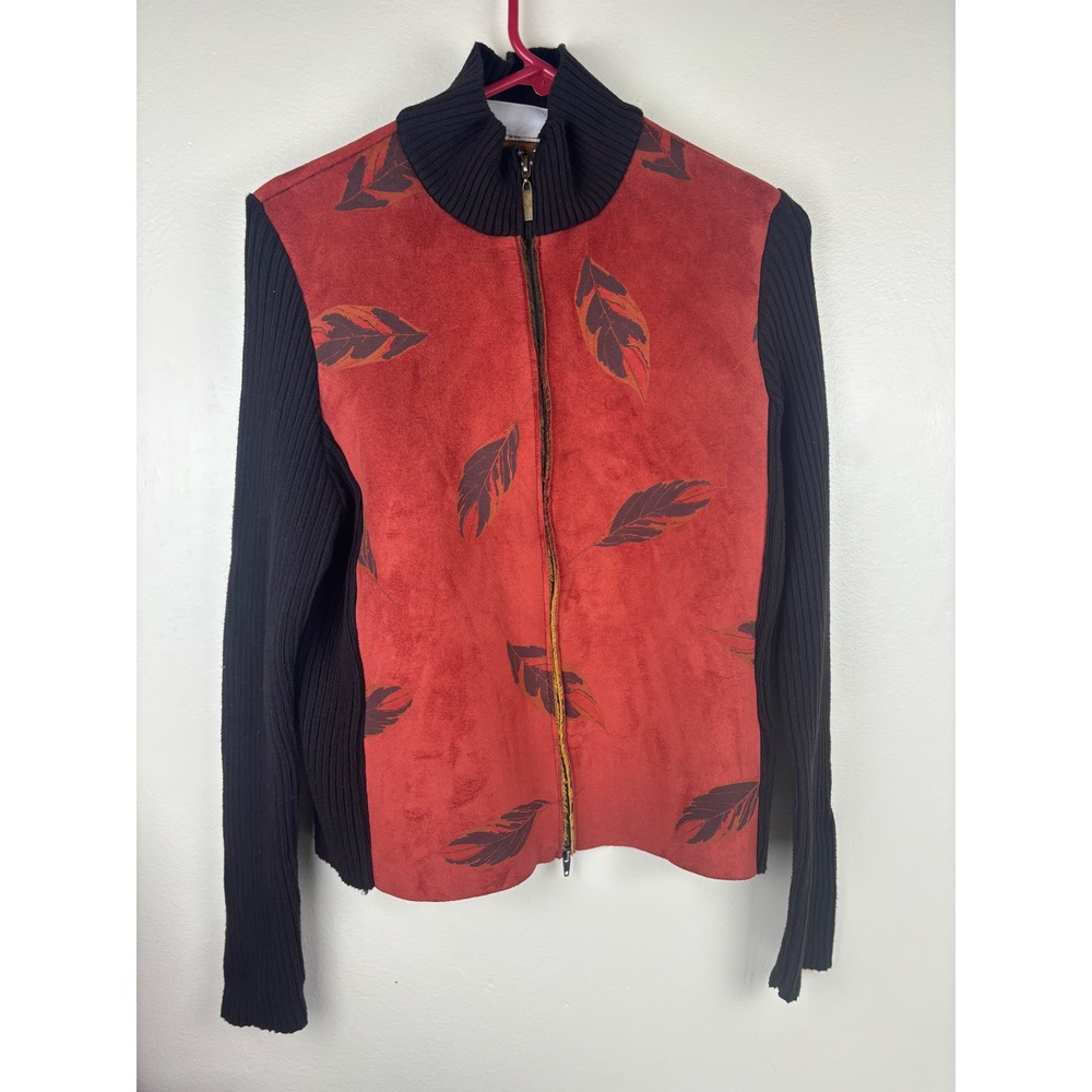 Robert Kitchen Womens Red Faux Suede Feather Print Knit Sleeve Zip‎ Jacket Large